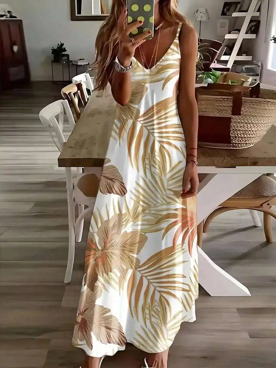 

Women's Tropical Leaf Print V-Neck Sleeveless Loose Flowy Maxi Dress for Summer Vacation