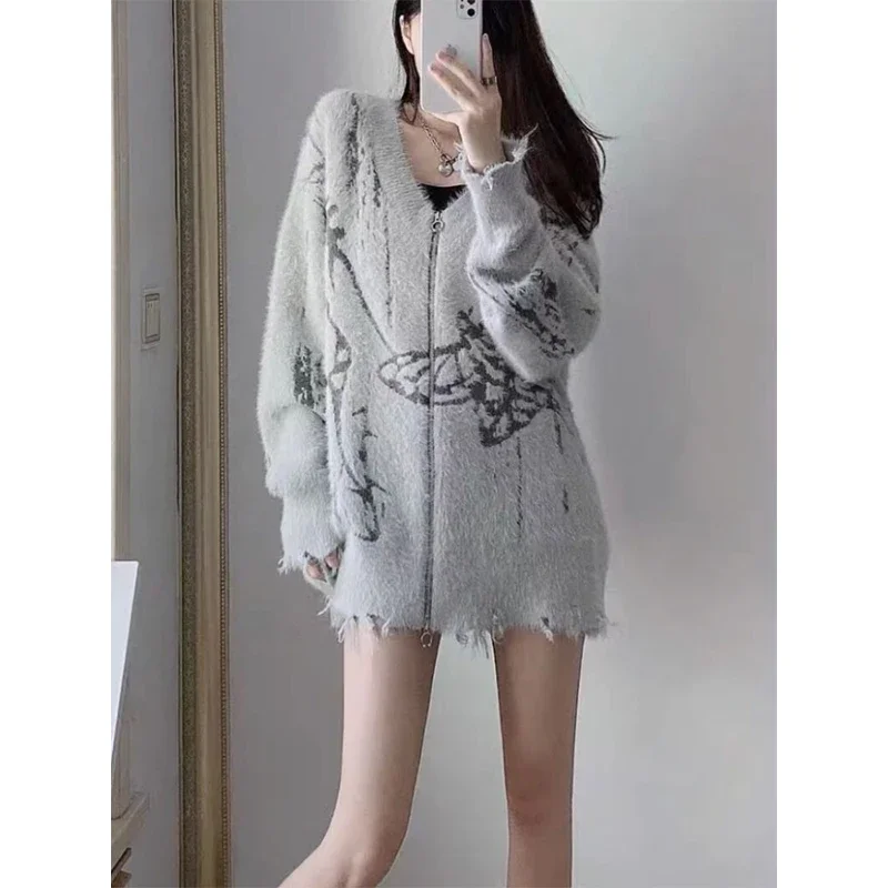 Y2K Knitted Cardigan Women Harajuku Oversized Print Sweater Coat Streetwear V Neck Zipper Knitwear Korean Casual Jumpers Tops