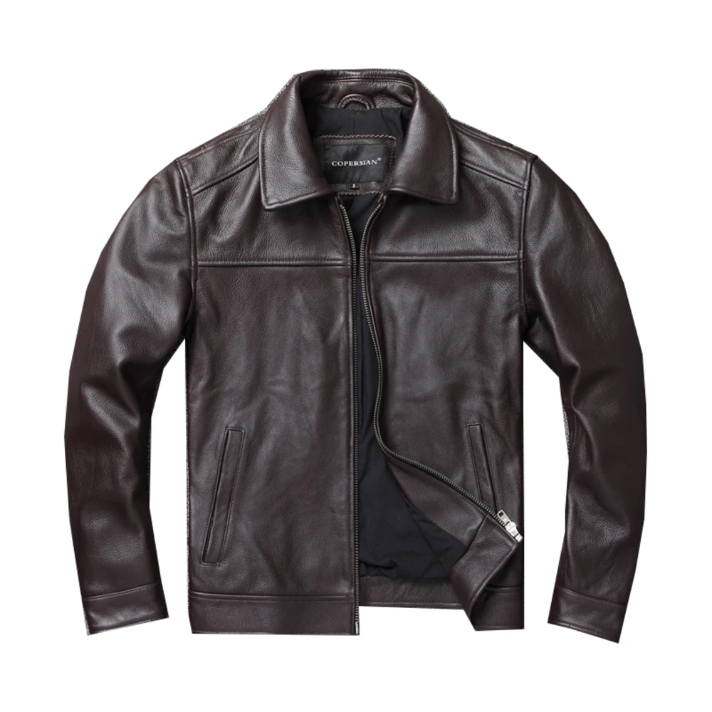 latest Autumn Natural Calfskin corium Men Classic Top Layer Cowhide Moto Fashion Lapel Leisure Leather Jacket