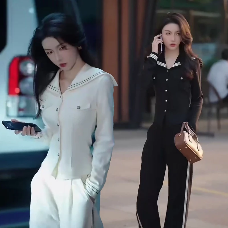 

Small fragrant style sportswear set for women in autumn 2025 lapel collar slimming top+wide leg pants two piece set