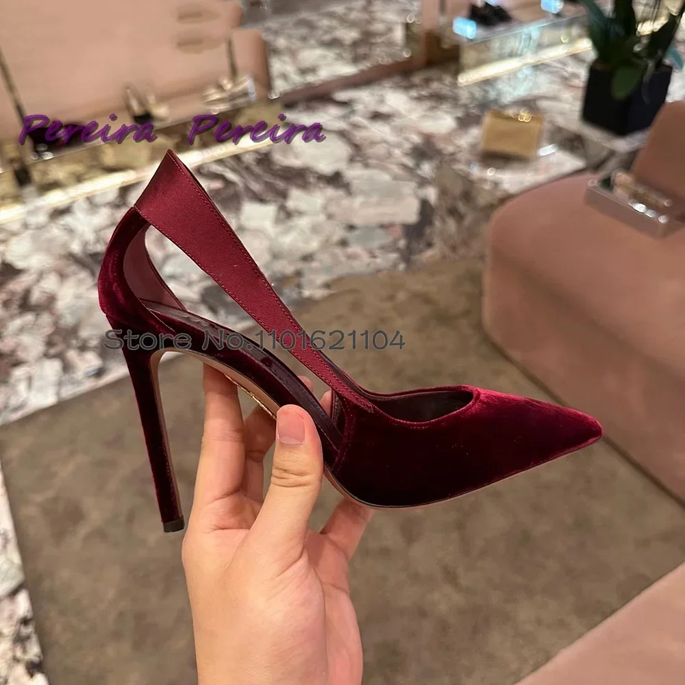 Wine Red Suede Pumps Cut Out Shallow Pointed Toe Slip-On 2024 Thin High Heel Elegant Luxury Design Women Dress Party Shoes