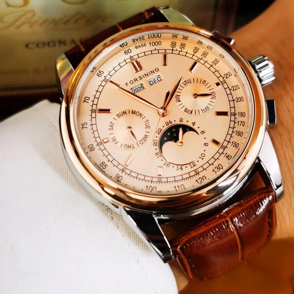 

Высококачественные деловые мужские автоматические механические часы в европейском и американском стиле — классический повседневный стиль, круглый циферблат, дизайн со скелетом, кожаный ремешок, многофункциональный дисплей недели, даты и дня, подходит для 