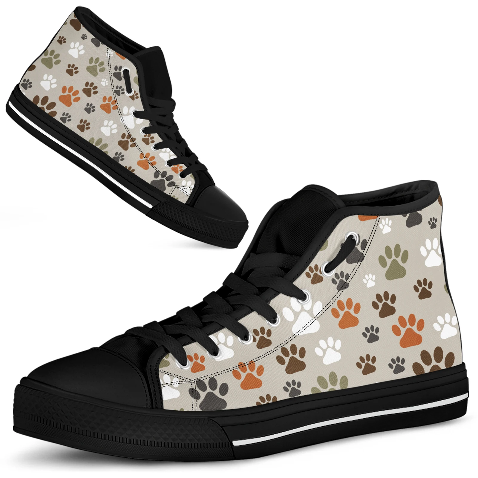 ELVISWORDS Cartoon Dog Paw Print Women's Shoes Animal Paw Shoes Classic High Top Women's Vulcanized Shoes Casual Canvas Shoes