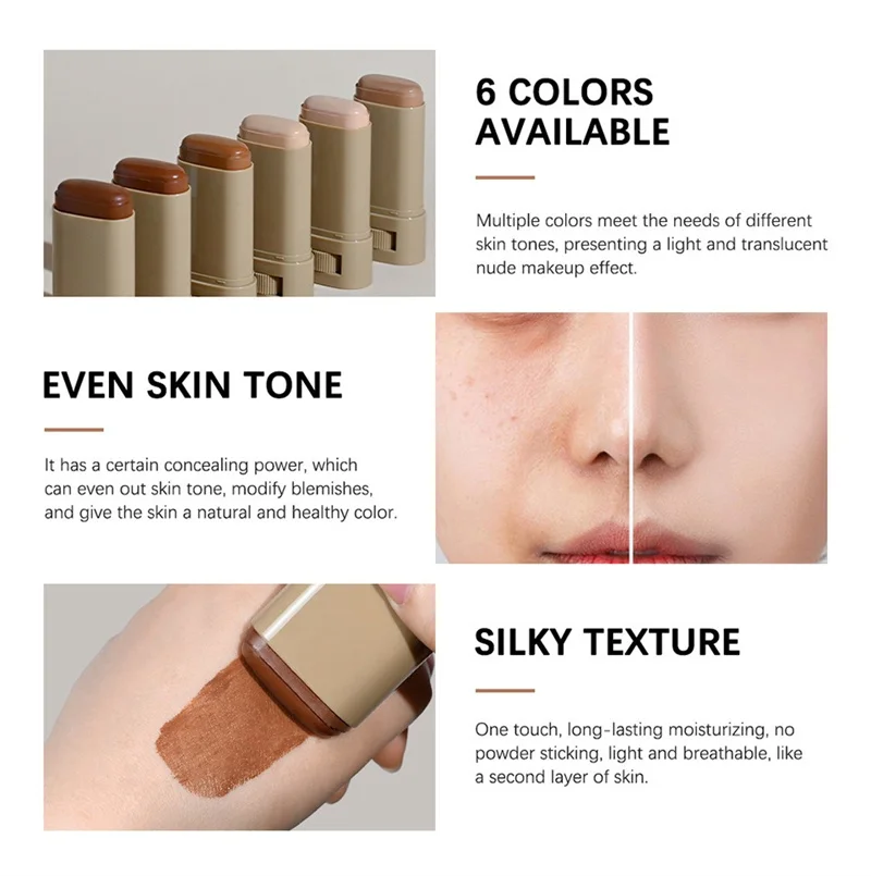 Hautfarbener Foundation-Stick in 6 Farben mit Serum-Boost, Seidiger Textur, Feuchtigkeitsspendende Abdeckung, Concealer-Basis, Gesichtskontur-Stick Make-up – Detail 12