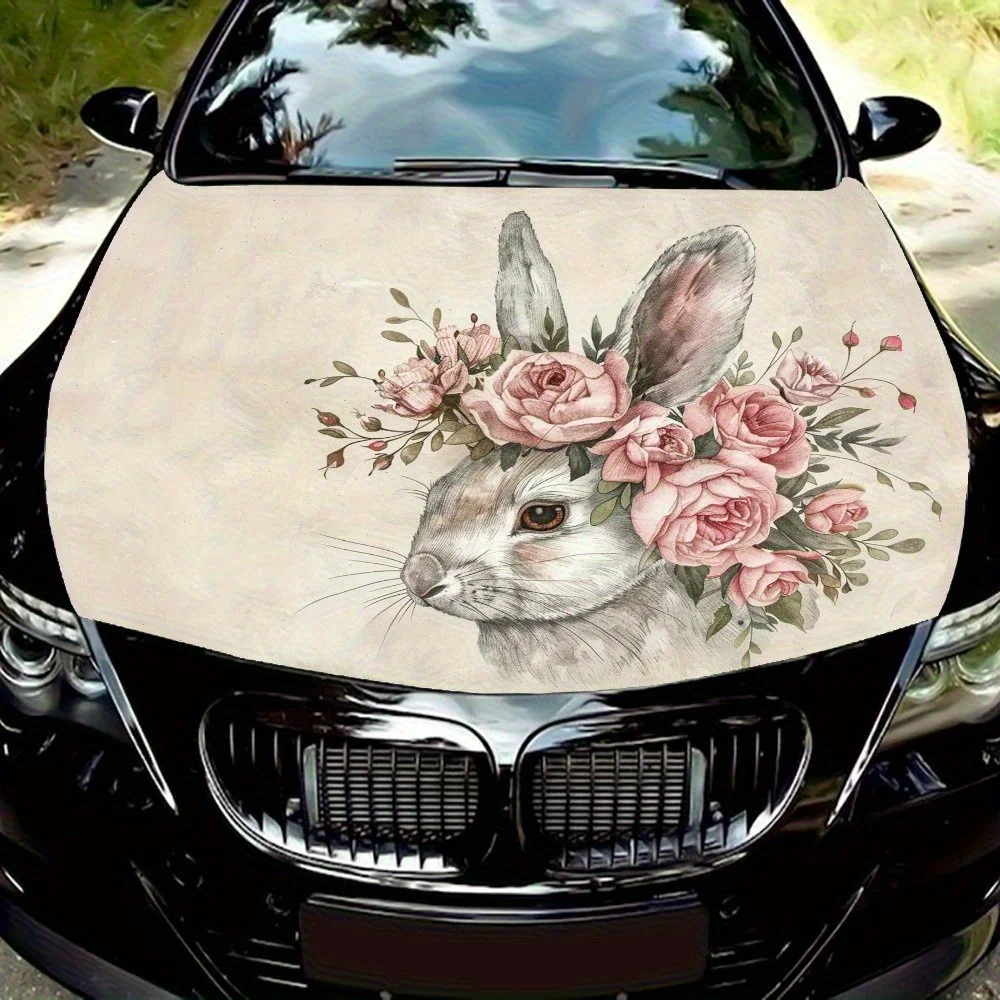 

Наклейка с цветочной короной и кроликом для капота автомобиля - высококачественный термостойкий винил, милый дизайн с цветочной короной и кроликом, подходит для автомобилей, T