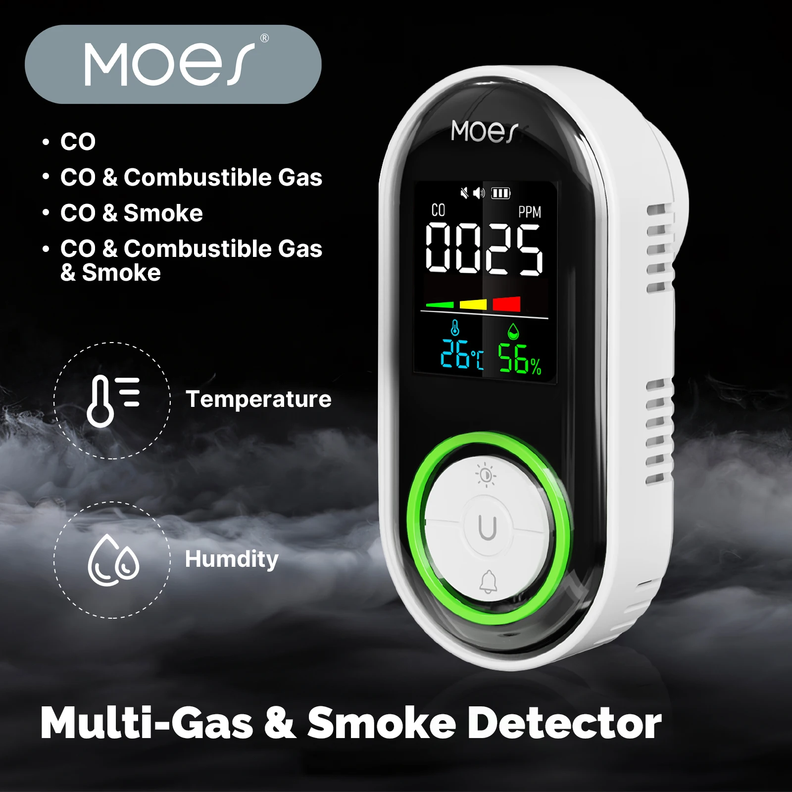 MOES CO Gas&Smoke Detector Plug-in Carbon Monoxide Sensor Alarm Warning LED Display Temperature Humidity Kitchen Garage Boiler