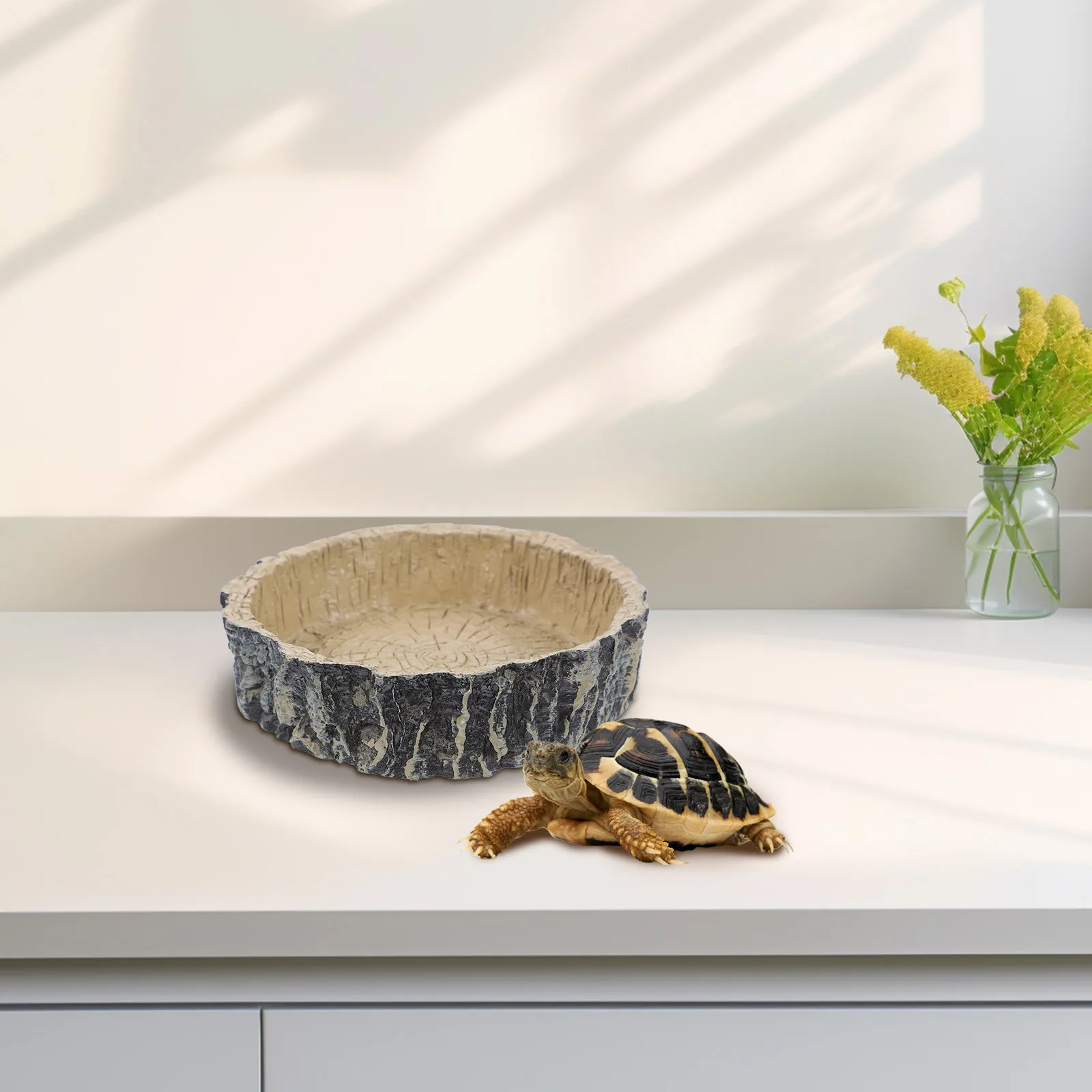 

Crawling Pet Feeding Plate Resin Material Tree Stump Shape Food Water Container for Reptiles Lizards Turtles Dark Brown