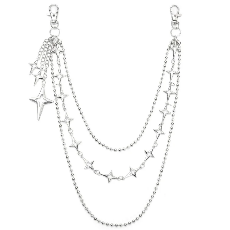 Cadena de cintura con colgante de estrella multicapa estilo punk hip hop para mujer, cadena para pantalones vaqueros, llavero, regalos de joyería de moda