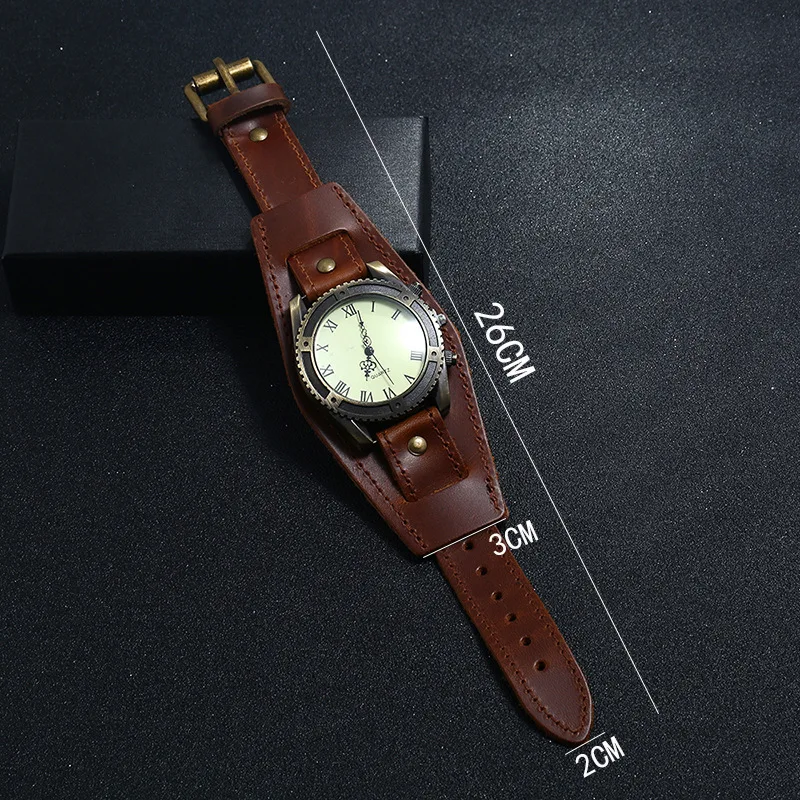 New Selling Vintage Cow Leather Bracelet Watch Men\'s Watches Punk Wristwatch Roman Numbers Dial Casual Sports Quartz Watch Gift