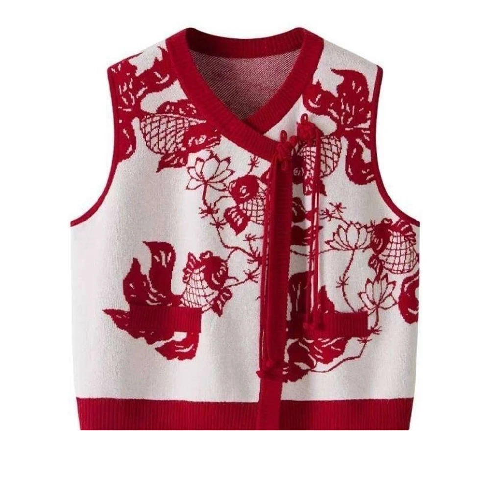 

Guofeng autumn and winter vest knitted sleeveless women's round neck 2025 new vest top buckle new Chinese style