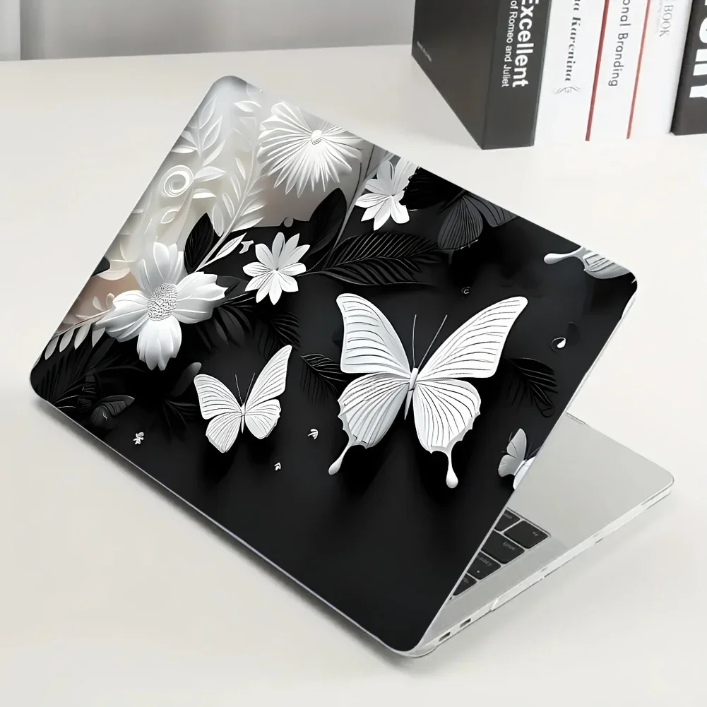 

2 Pieces Elegant White Butterfly and Floral Design Laptop Light Beige - Premium PVC Scratch Protective Case for Keepbooks