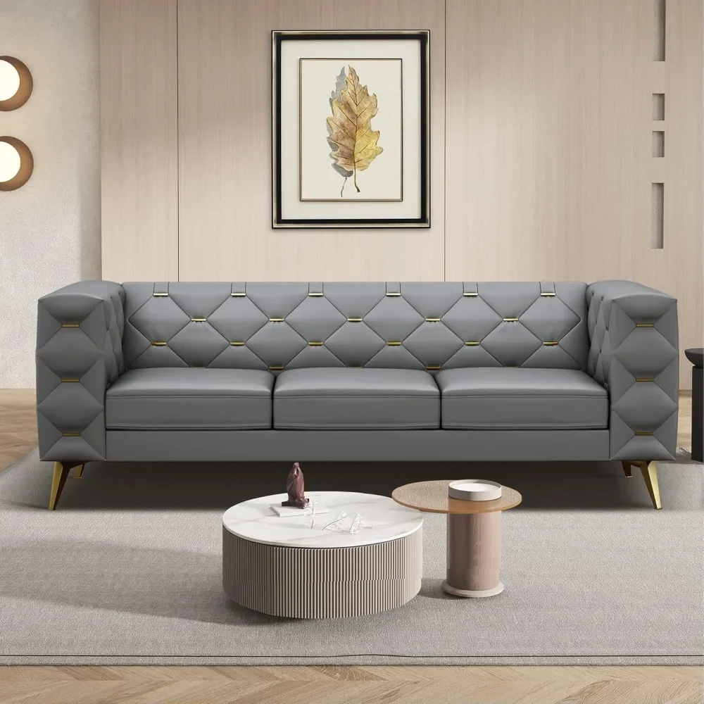 

84'' Leather Upholstered 3 Seater Couch with Square Arms and Tufted Back, Modern Sofa with Metal Buckle and Metal Legs Decor