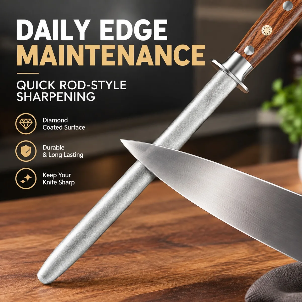Professional Kitchen Knife Diamond Sharpener Durable Sharpening Stick Stainless Steel Solidifed Wood Handle