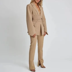 Autunno Inverno Solido Lace-up Abito dritto Donna Elegante colletto dentellato Blazer Cappotto e pantaloni lunghi Set Elegante abito da donna per pendolari