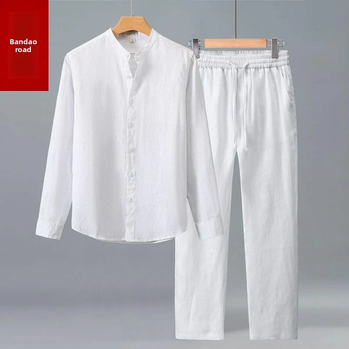

Men's Casual Shirt Pants Set Long Sleeve Color Loose Fit Breathable Cotton Linen Blend Summer Wear Youth Fashion
