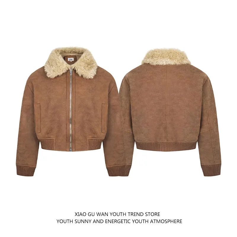 Kurtka zamszowa dla par, bawełniana, luźna, ciepła odzież wierzchnia na zimę, młodzieżowa moda, styl amerykański casual, bez kaptura, zapinana na zamek.