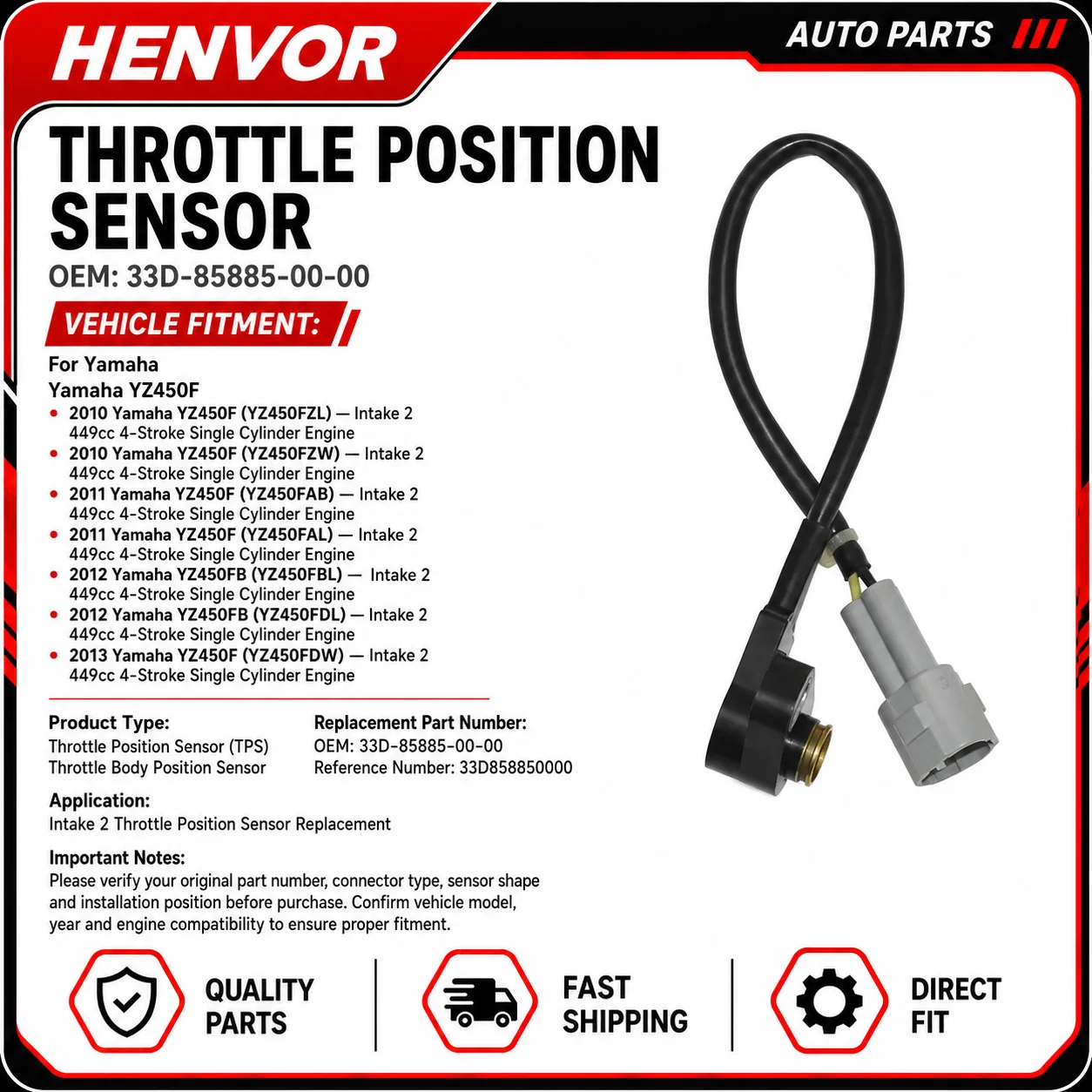 Throttle Position Sensor TPS Long Short Type 33D-85885-00-00 For Yamaha YZ450F 2010-2013 Intake 2