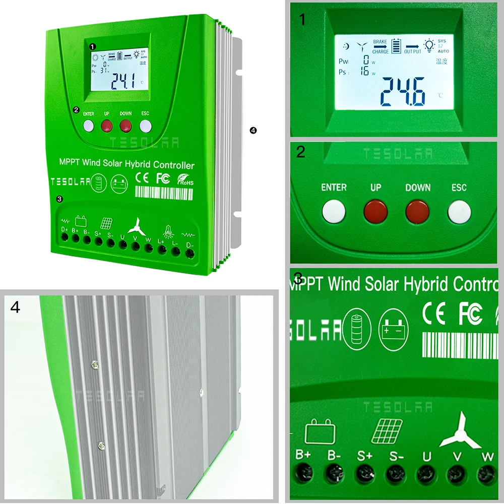 Imagem -03 - Vento Híbrido Controlador Solar para Sistema de Energia Híbrido Auto Match Mppt 12v 24v 48v Regulador Bluetooth Opcional Android App 2400w