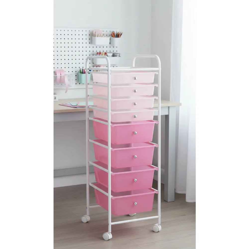 8-Drawer Rolling Storage Cart with Wheels, Slim Plastic Organizer Trolley for Crafts Office School Makeup, Metal Frame Pink