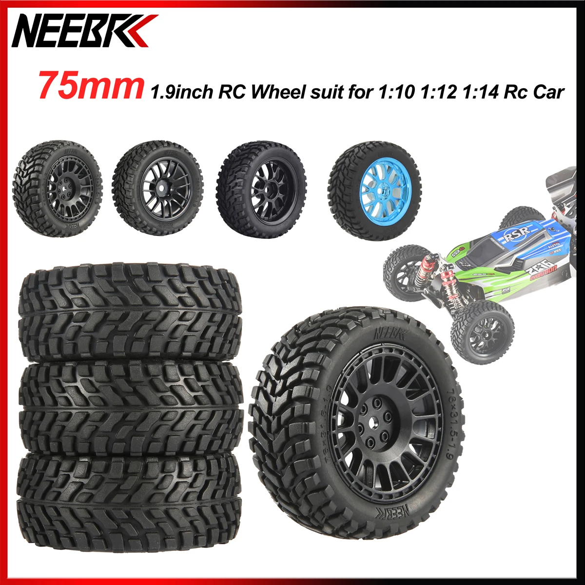 NEEBRC 1.9inch 75mm Off Road Buggy Tires Wheel 12mm Hex Hubs for Wltoys 144001 1/12 1/14 1/10 Scx10 Traxxas Trx-4 Tamiya RC Car