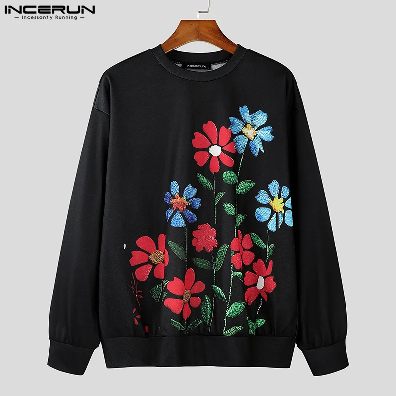 INCERUN Handsome New Men Tops Floral Print Pullovers Streetwear Male Hot Selling Personality Long Sleeved Sweatshirts S-4XL 2024