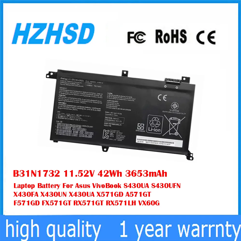 

B31N1732 11.52V 42Wh 3653mAh Laptop Battery For Asus VivoBook S430UA S430UFN X430FA X430UN X430UA X571GD A571GT F571GD FX571GT