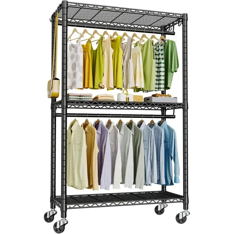 P3 Rolling Clothes Rack, Clothing Racks for Hanging Clothes, Heavy Duty Garment Rack with Wheels, Freestanding Portable Closet