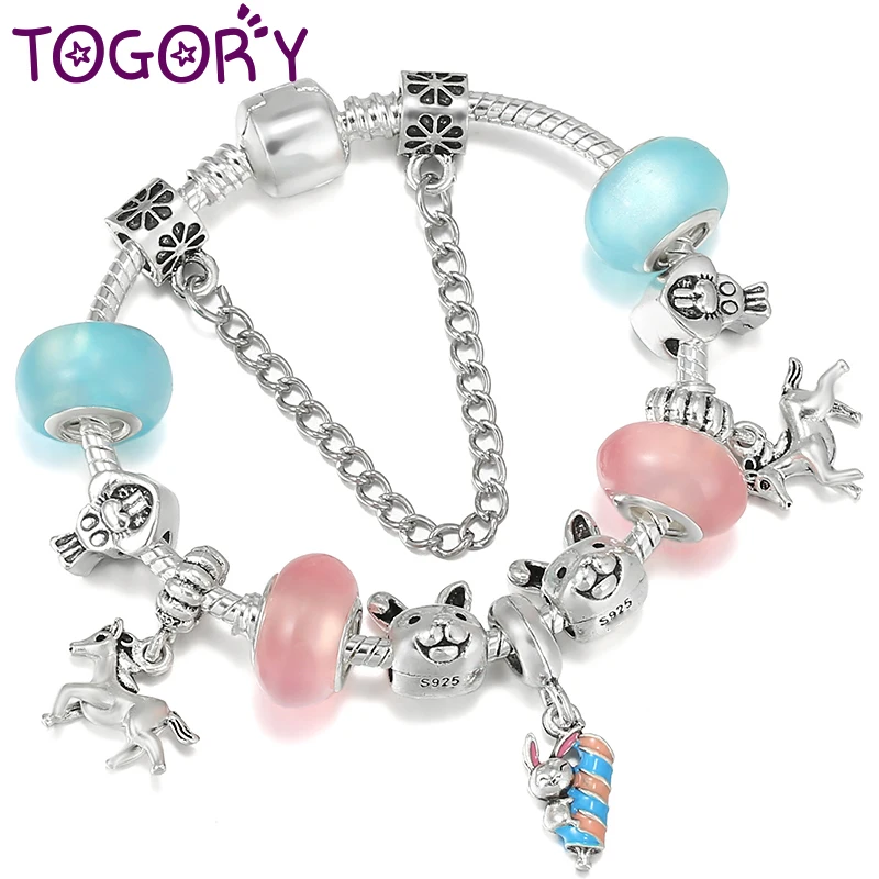 Silver Color Lovely Rabbit Beads Charm Bracelet With Galloping Mustang Pendant DIY Bracelets For Women Jewelry Gift Dropshipping