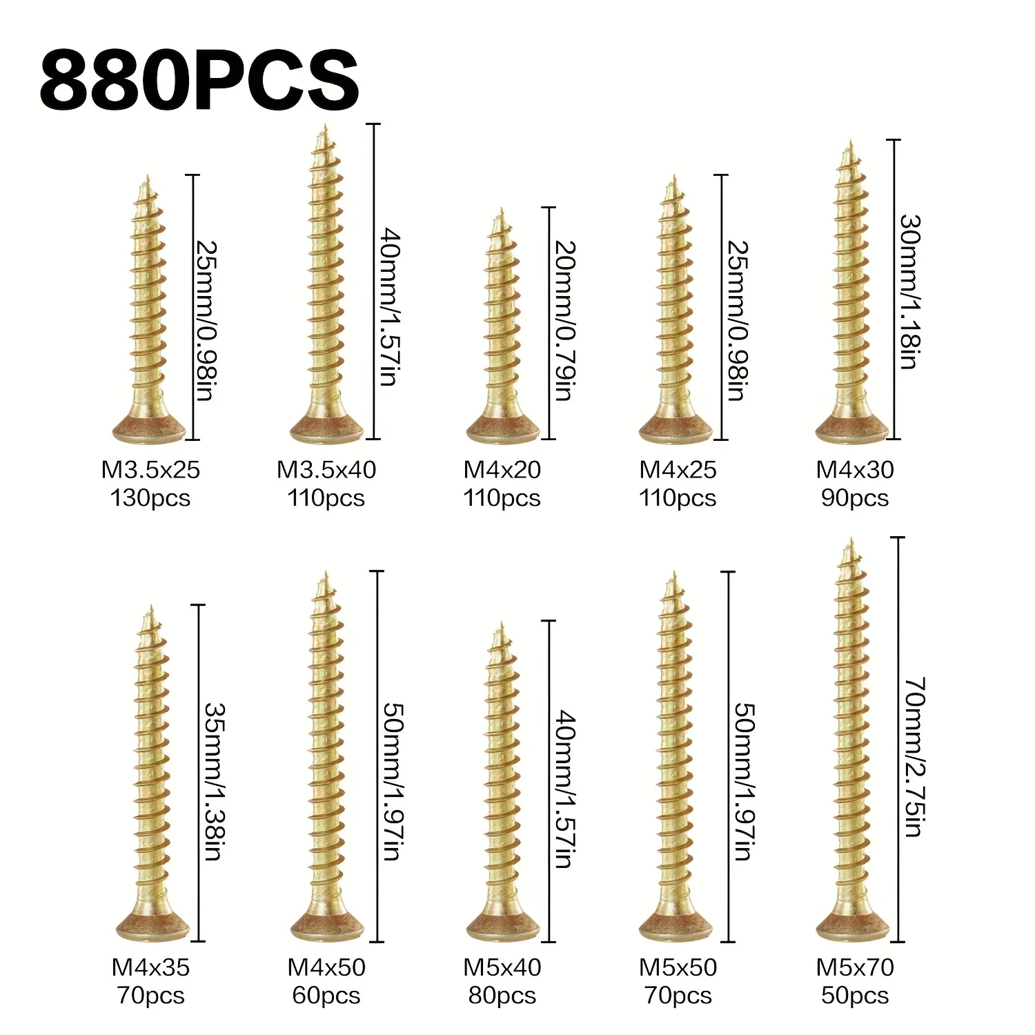 Set combinato di viti in legno da 880 pezzi: acciaio al carbonio zincato, testa piatta, trasmissione a croce