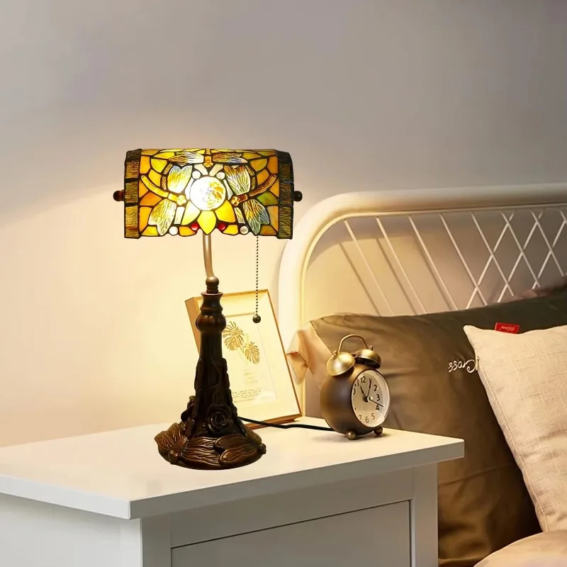 Rose Flower Dragonfly Bankers Lamp Antique Stained Glass Banker Table Lamp with Pull Chain, Vintage Desk Lamp for Home Office