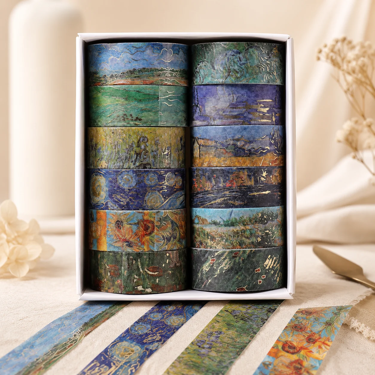12 Rolls Gilded Oil Painting Washi Tape Set 1.5cm*2m Decorative Strips For Scrapbook Planner Journaling Diy Craft Planner Access