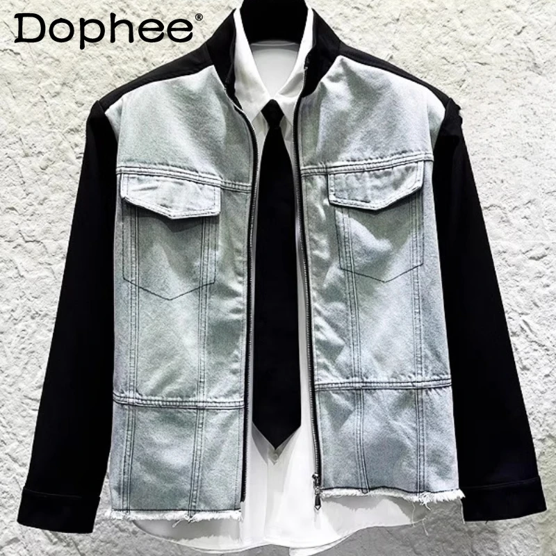 

2025 Men's New Personality Contrast Color Design Zipper Stand Collar Jacket Men's Fashion Loose Versatile Splicing Denim Jackets