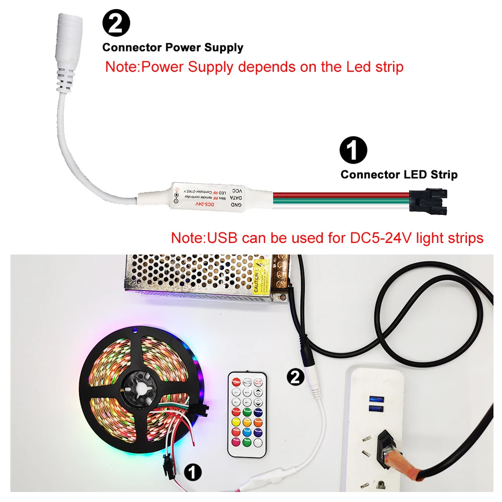 Mini contrôleur RF DC USB à 3 broches WS2812B WS2811, 14 17 21 touches, télécommande Led pour bande lumineuse RGB DC5-24V adressable