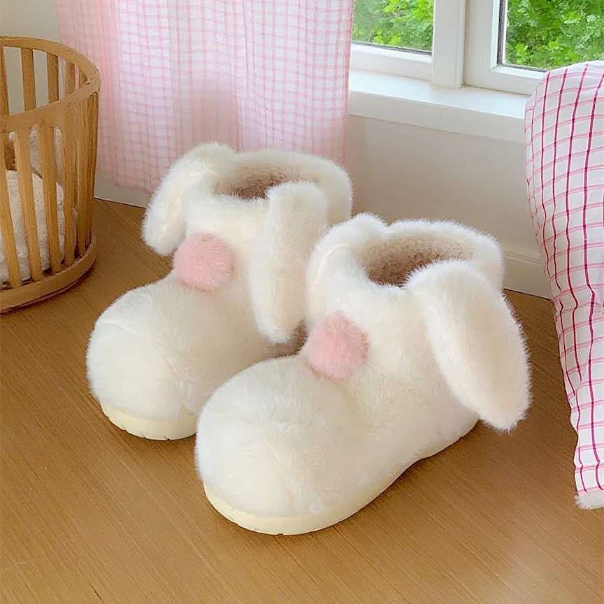 

New white rabbit ankle boots women's winter warm plush shoes woman pull on fluffy pink bunny ear booties young girls short boots