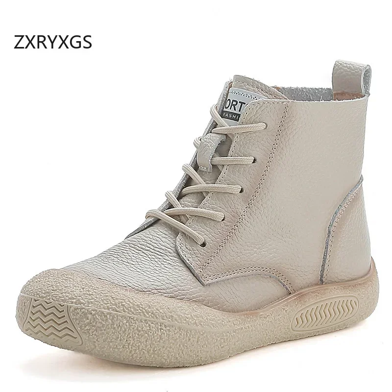 ZXRYXGS 2024 Autumn Cross Strap Side Zipper Genuine Leather Sneakers Boots Trend Shoes Woman Boots Flat Soft Sole Casual Boots