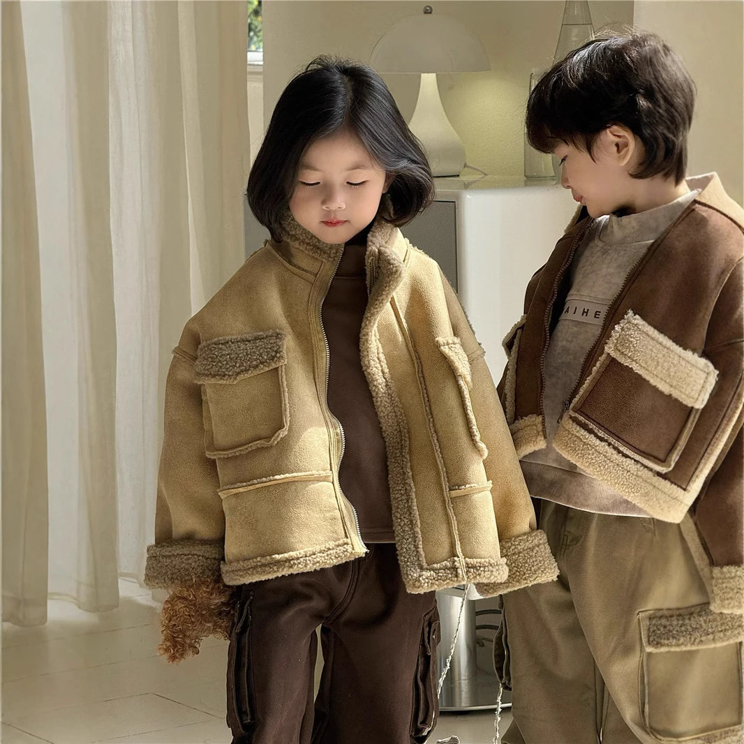 2024 Men's and Girls' Winter New Fur-integrated Warm Jacket Children's Korean Style Fashionable Plush Cotton Jacket