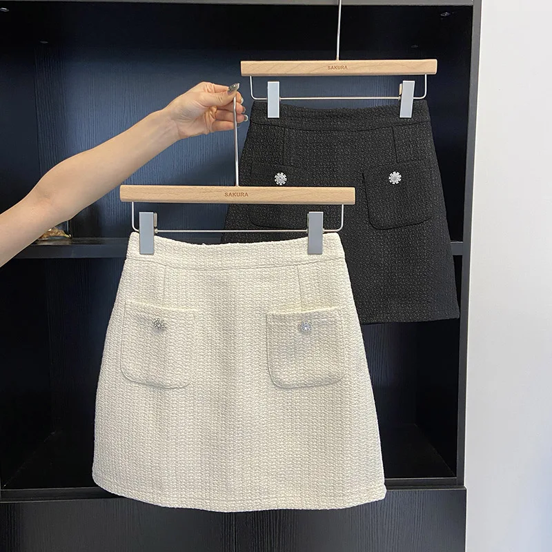 

High Waist Tweed Wrap around Skirt Women's A-Line ort Skirt Bla Retro Versatile Autumn Winter Korean Sle