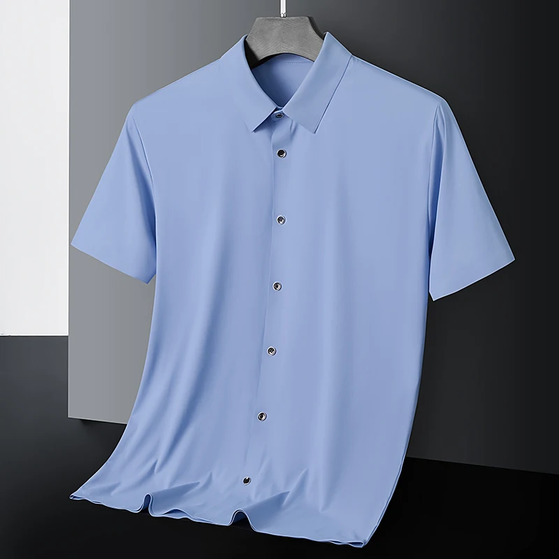 Summer New High Quality Ice Silk Men's Business Casual Short Sleeved Shirt Lightweight Breathable Outdoor Sports Solid Color Top