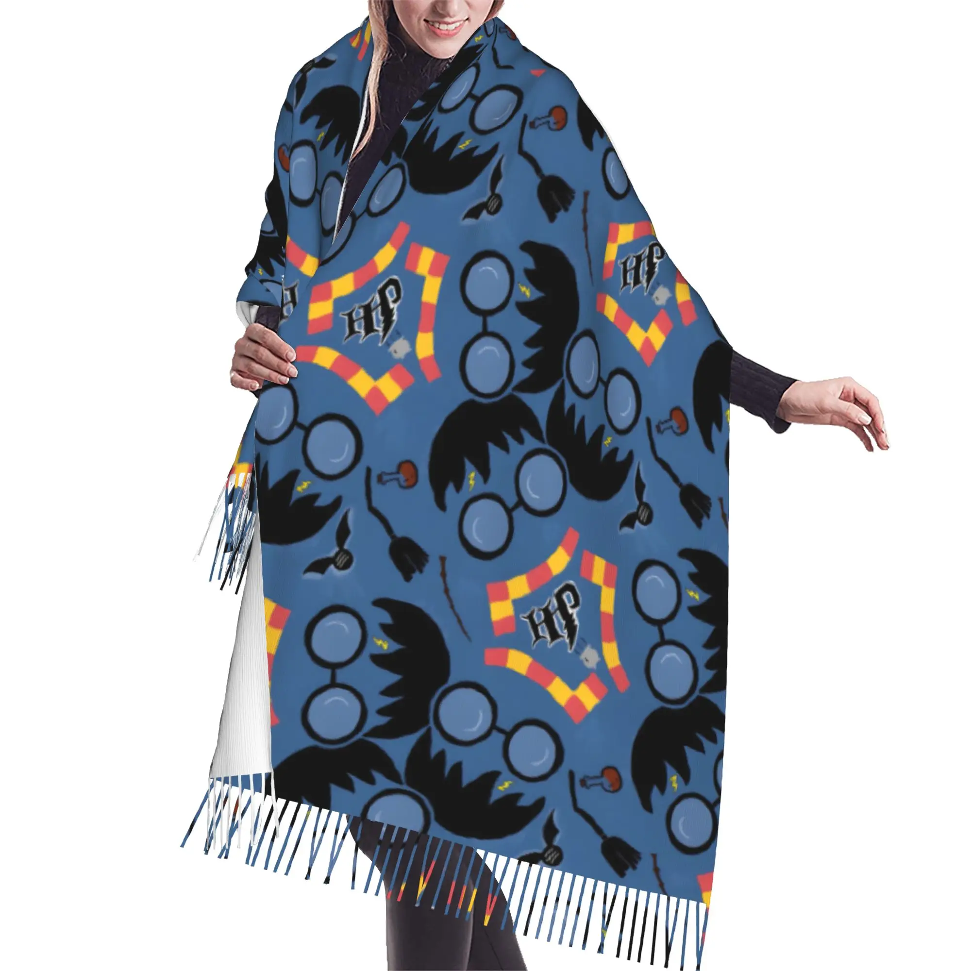 Custom Halloween H-Harryed Tassel Scarf Women Soft Magic School Spooky Shawls Wraps Female Winter Fall Scarves