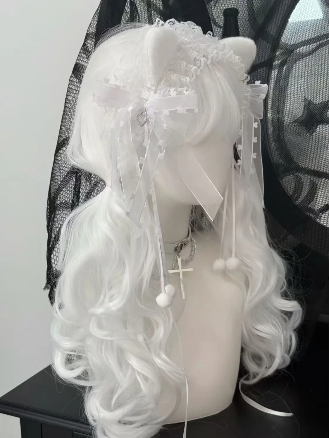 White Lace Bow Cat Ear Headband Gothic Headdress Kawaii Maid Cosplay Lolita Hair Accessories