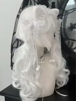 白色蕾絲蝴蝶結貓耳髮箍哥德式頭飾可愛女僕裝角色扮演蘿莉髮飾 8 最佳銷售 白色貓耳朵 - №2