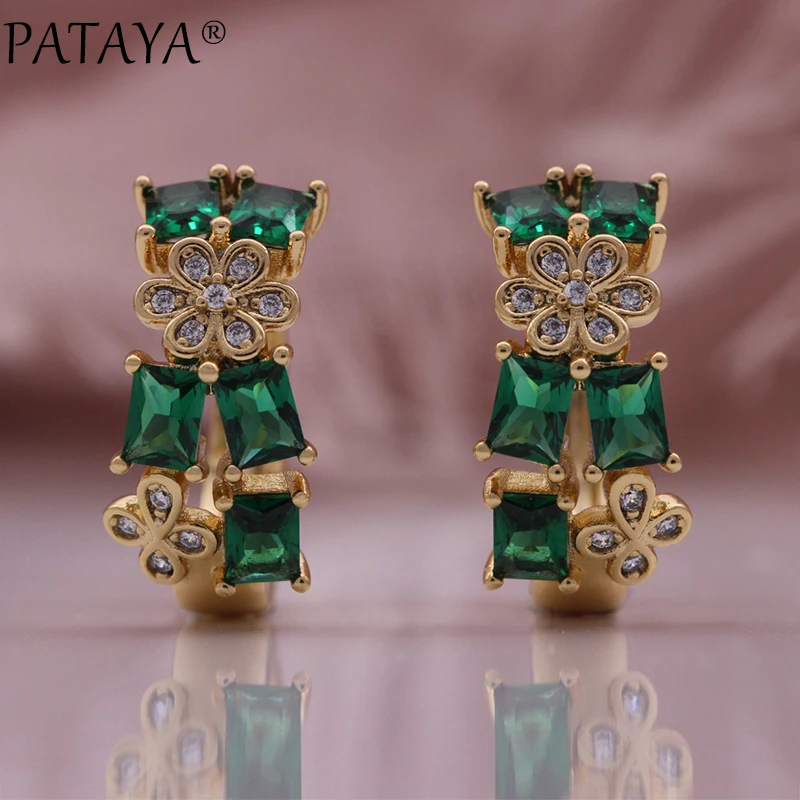 PATAYA Hot Green Natural Zircon Earring For Women Champagne Gold Color Vintage Wedding Jewelry Earrings