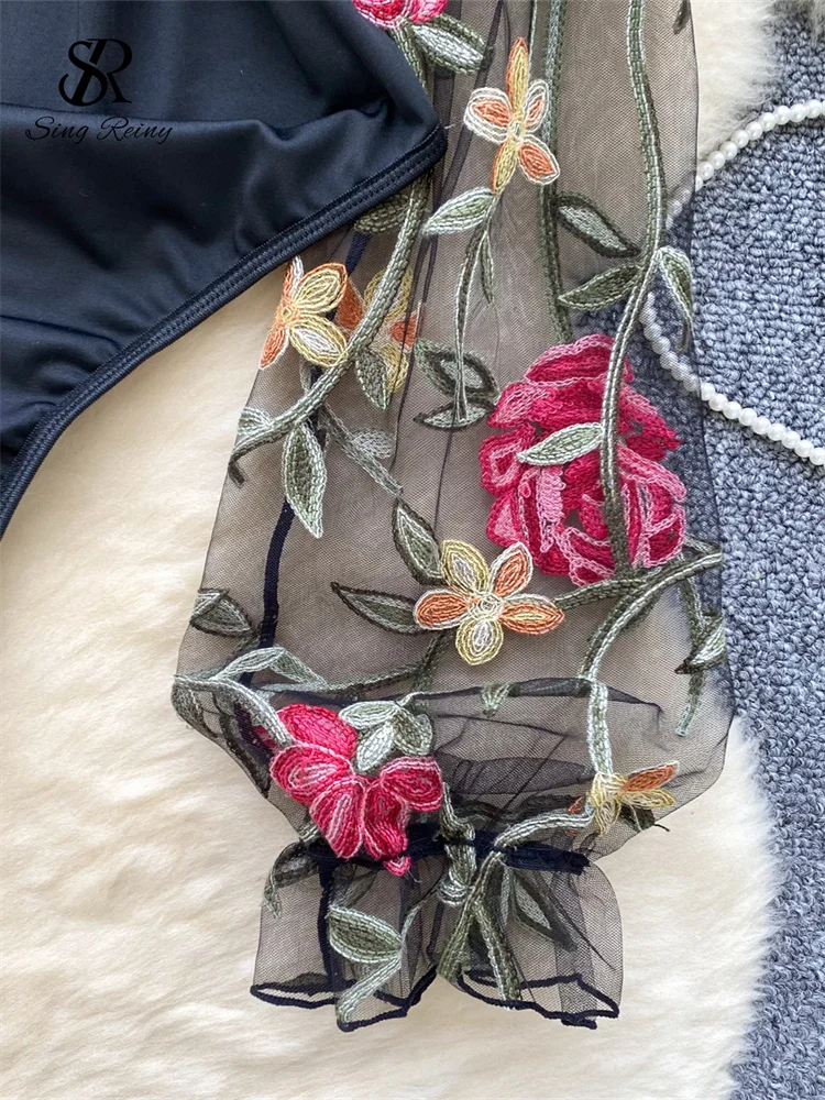 SINGREINY Vintage Embroidery Gauze Sexy Bodysuits Stand Collar Long Sleeve Playsuits Fashion Spliced Women Open crotch Rompers - Image 5