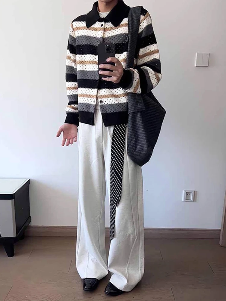 

Мужской вязаный длинный кардиган в полоску ярких цветов, осеннее повседневное пальто обычного кроя, модная молодежная одежда