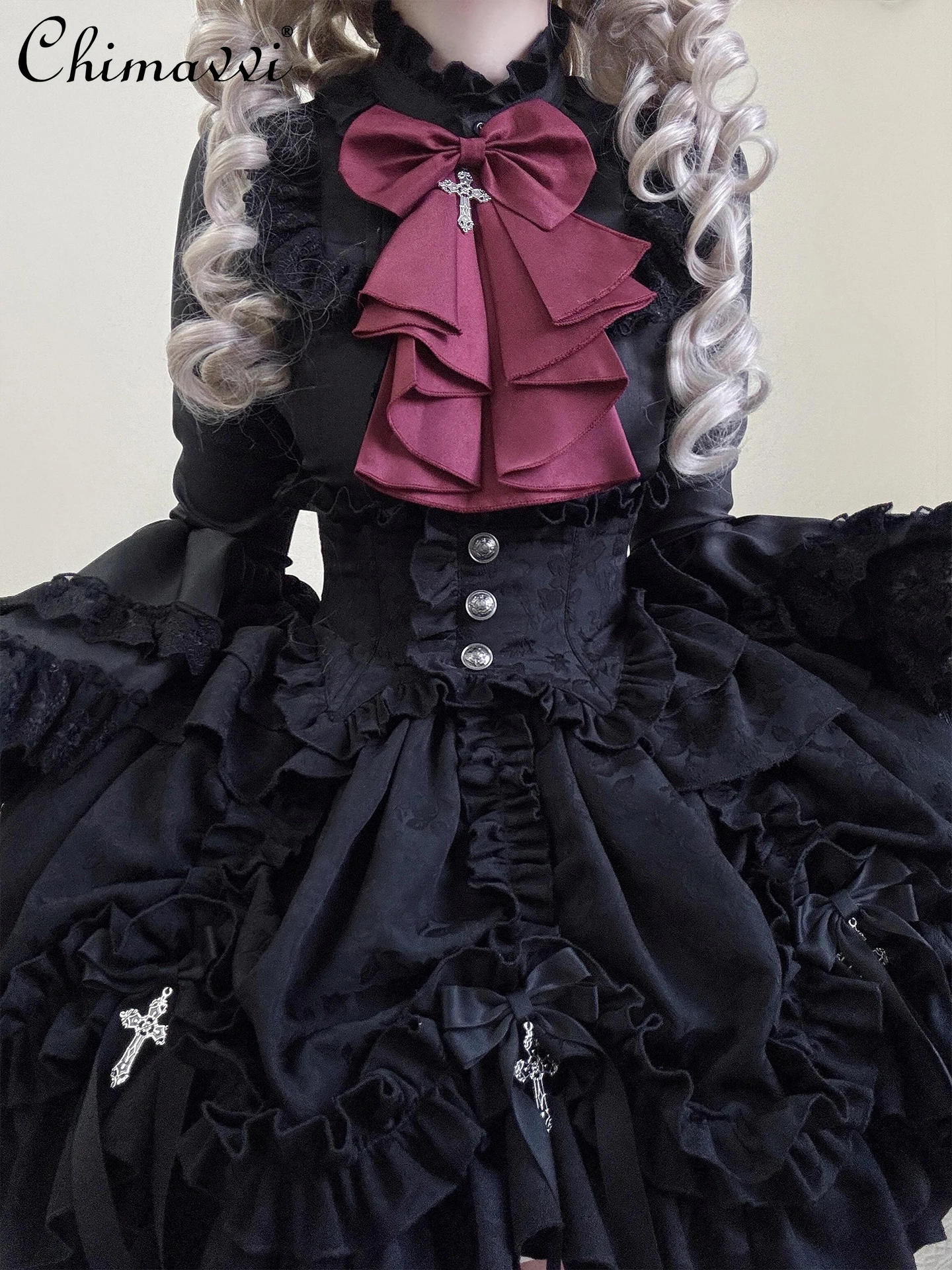 

Хэллоуин, темно-готическое пальто в стиле Лолиты, рубашка, пышная юбка с неровным подолом, осень 2023, новый панк-стиль, темный женский комплект из 3 предметов для девочек