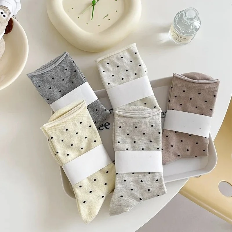 Damskie kremowe skarpetki w kropki – 1-6 par skarpetek do połowy łydki w stylu vintage, z podwiniętym brzegiem, lekkie na wiosnę i lato