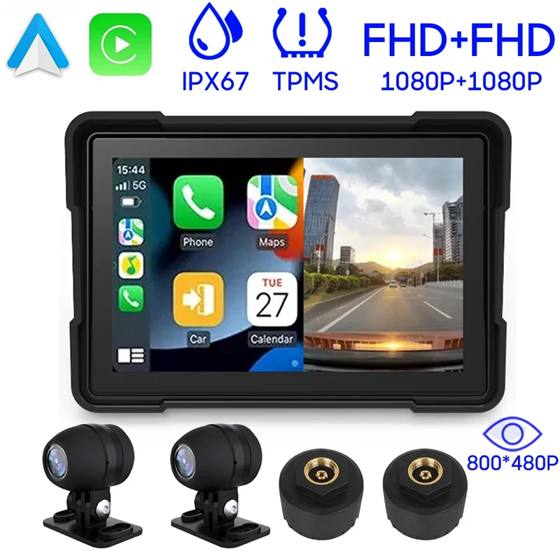 

5 inch Motorcycle Carplay Waterproof 1080P WiFi Wireless Android Auto DVR Monitor Dash Cam Navigation TPMS GPS Screen IPX7 BT