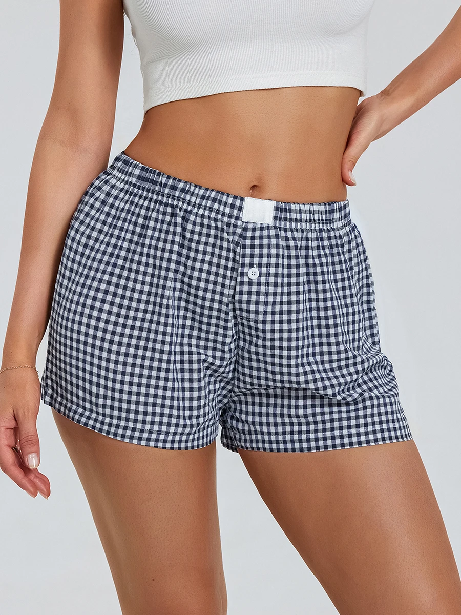 Women s Y2K Lounge Shorts Elastic Soft Low Waist Plaid Print Button Front Boxer Shorts Women s Pyjama Bottoms