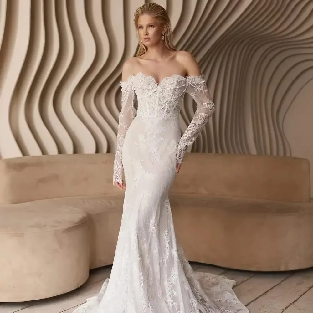 فساتين زفاف مثيرة مخصصة من الدانتيل حورية البحر للنساء لؤلؤ على شكل قلب ورقبة على شكل قلب وأكمام طويلة فستان زفاف فيستدوس فستان زفاف