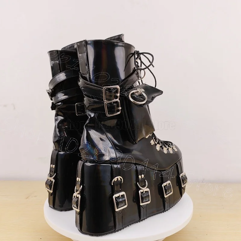 

Black Round Toe Cross Tied Buckle Platform Boots Side Zipper Women Shoes Wedges Heel Sexy Party Banquet 2026 Zapatos Para Mujere